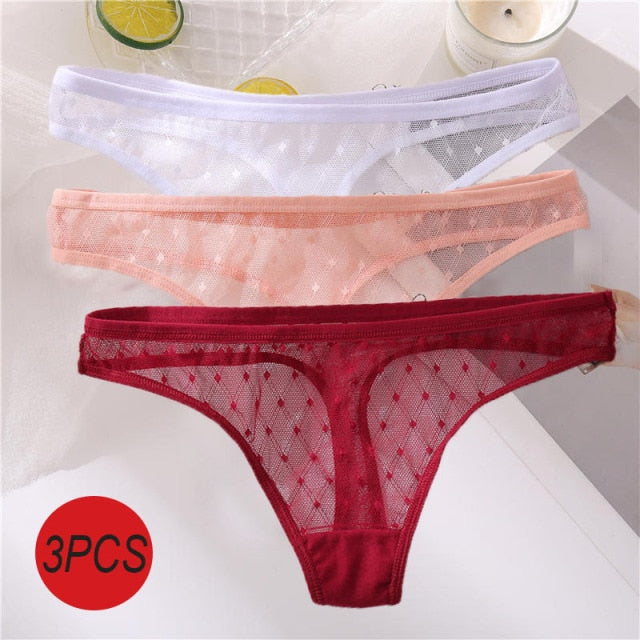 3PCS/Set Sexy Panties Women G-String Thong Lace Underwear Pantys Low-Waist Female Underpants Mesh Perspective Briefs Lingerie