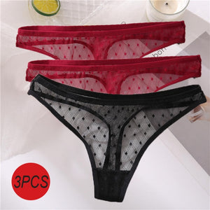 3PCS/Set Sexy Panties Women G-String Thong Lace Underwear Pantys Low-Waist Female Underpants Mesh Perspective Briefs Lingerie