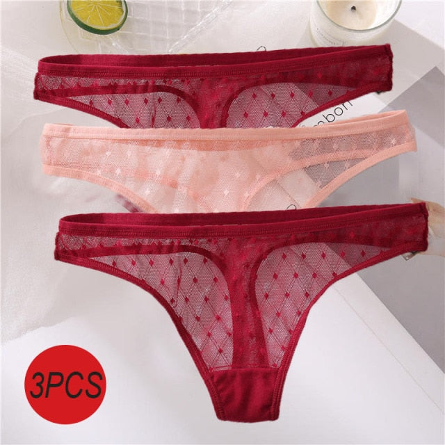 3PCS/Set Sexy Panties Women G-String Thong Lace Underwear Pantys Low-Waist Female Underpants Mesh Perspective Briefs Lingerie