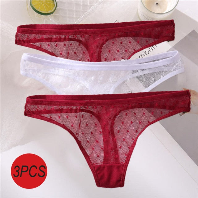 3PCS/Set Sexy Panties Women G-String Thong Lace Underwear Pantys Low-Waist Female Underpants Mesh Perspective Briefs Lingerie