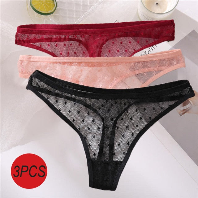 3PCS/Set Sexy Panties Women G-String Thong Lace Underwear Pantys Low-Waist Female Underpants Mesh Perspective Briefs Lingerie