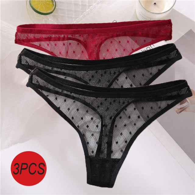 3PCS/Set Sexy Panties Women G-String Thong Lace Underwear Pantys Low-Waist Female Underpants Mesh Perspective Briefs Lingerie