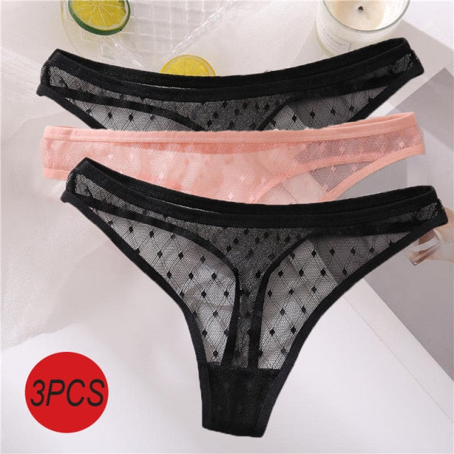 3PCS/Set Sexy Panties Women G-String Thong Lace Underwear Pantys Low-Waist Female Underpants Mesh Perspective Briefs Lingerie