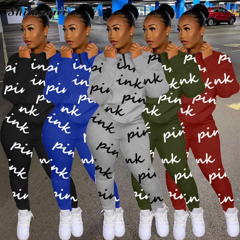 New Spring Tracksuits Suits Sport 2 Piece Set Women Pink Letter Print Casual Outfits Zipper Sweatshirt Top+Pants Sweat Suit 2021