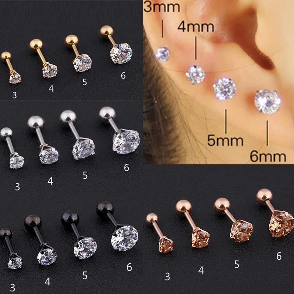 1 pcs Medical Stainless steel Crystal Zircon Ear Studs Earrings For Women/Men 4 Prong Tragus Cartilage Piercing Jewelry