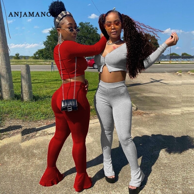 ANJAMANOR Sexy Two Piece Outfits for Women Long Sleeve Crop Top and Flare Pants 2 Piece Sweat Suits Matching Sets D13-CI37