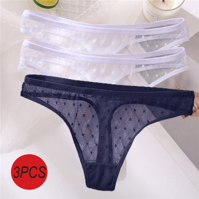 3PCS/Set Sexy Panties Women G-String Thong Lace Underwear Pantys Low-Waist Female Underpants Mesh Perspective Briefs Lingerie