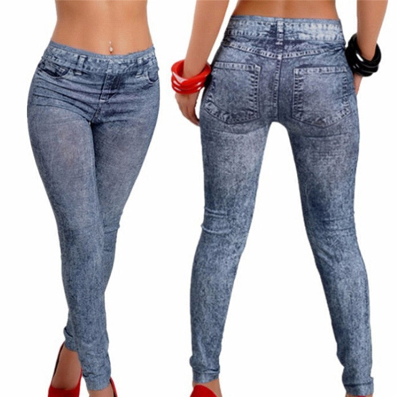 1PCS Women Fitness Blue Black Leggins Women Leggings Denim Jeans Pants With Pocket Slim Leggings