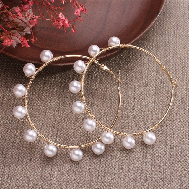 Simple Plain Gold Color Metal Pearl Hoop Earrings Fashion Big Circle Hoops Statement Earrings for Women Party Jewelry