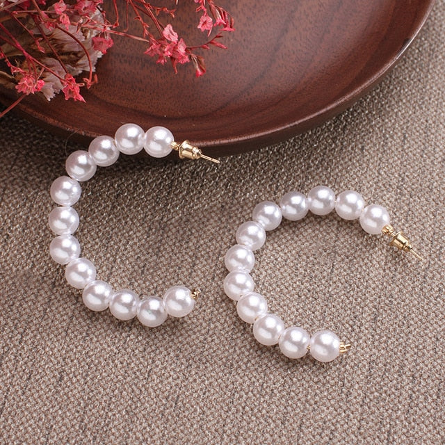 Simple Plain Gold Color Metal Pearl Hoop Earrings Fashion Big Circle Hoops Statement Earrings for Women Party Jewelry