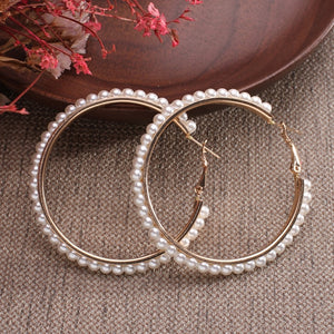 Simple Plain Gold Color Metal Pearl Hoop Earrings Fashion Big Circle Hoops Statement Earrings for Women Party Jewelry