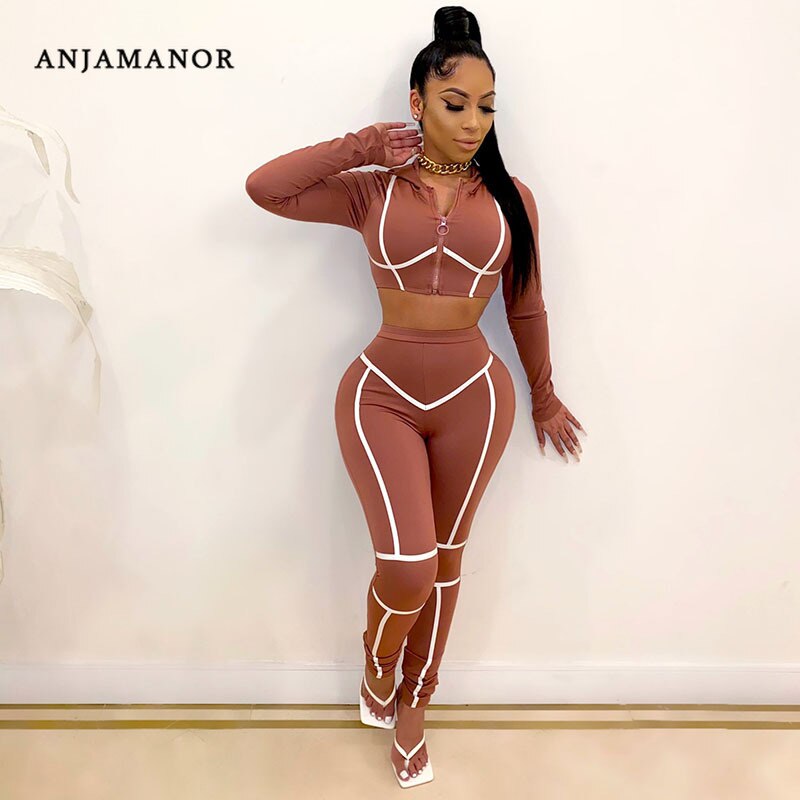 ANJAMANOR Tracksuit 2 Piece Sets Womens Outfits Sport Caged Matching Sets Zip Up Cropped Hoodie and Pants Sweat Suits D6-DI38