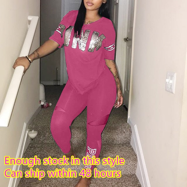 Casual 2 Piece Sets Women's Suit Tracksuits Set Pink Letter Print Plus Size Sweatsuit 3XL Top And Skinny Pants 2pcs Outfits