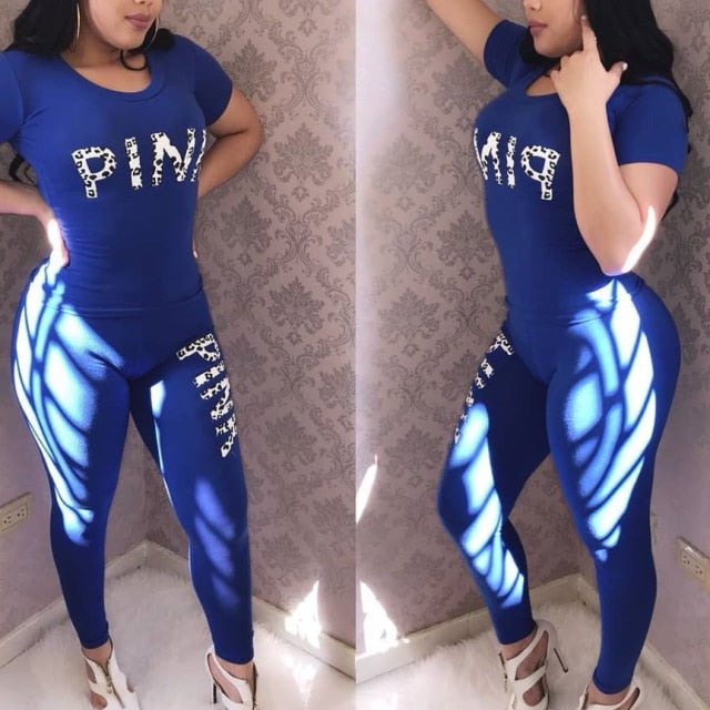 Casual 2 Piece Sets Women's Suit Tracksuits Set Pink Letter Print Plus Size Sweatsuit 3XL Top And Skinny Pants 2pcs Outfits