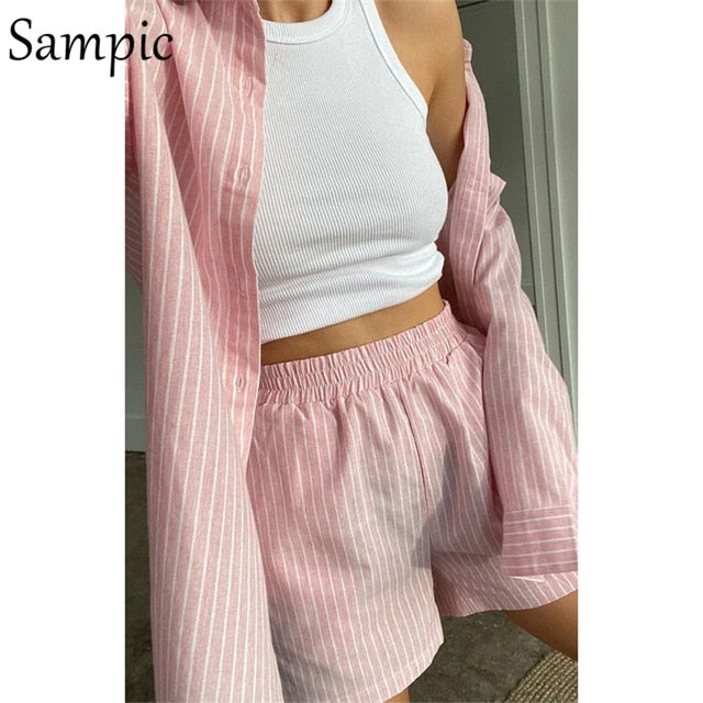 Sampic Loung Wear Tracksuit Women Shorts Set Stripe Long Sleeve Shirt Tops And Loose High Waisted Mini Shorts Two Piece Set 2021