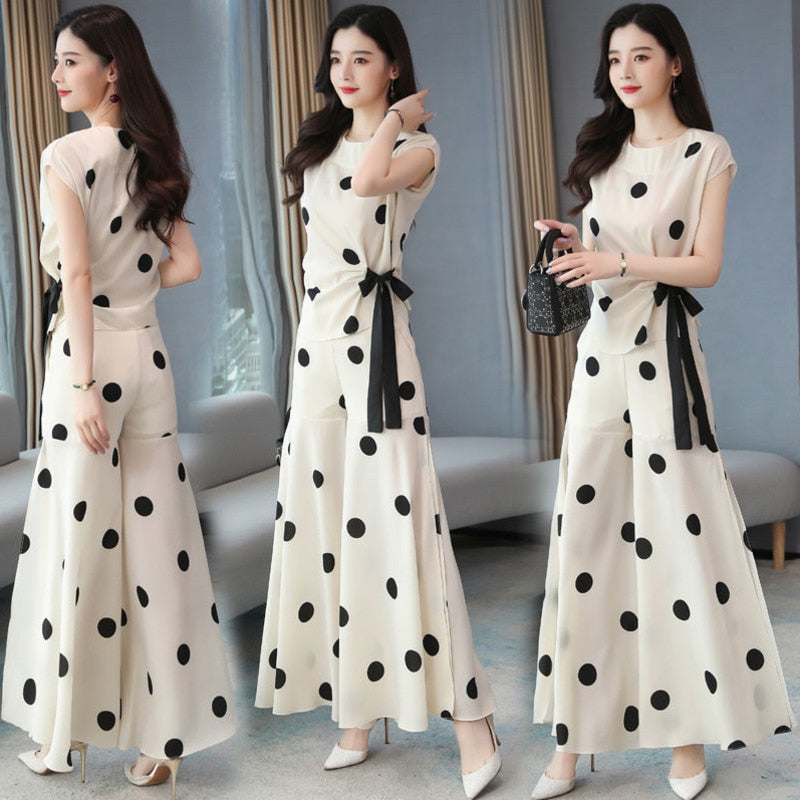 Women's Chiffon Wide Leg Pants Skirt Suit Polka Dot For Women Sport 2021 Summer Top New Foreign Fashion Two Piece Clothing Set