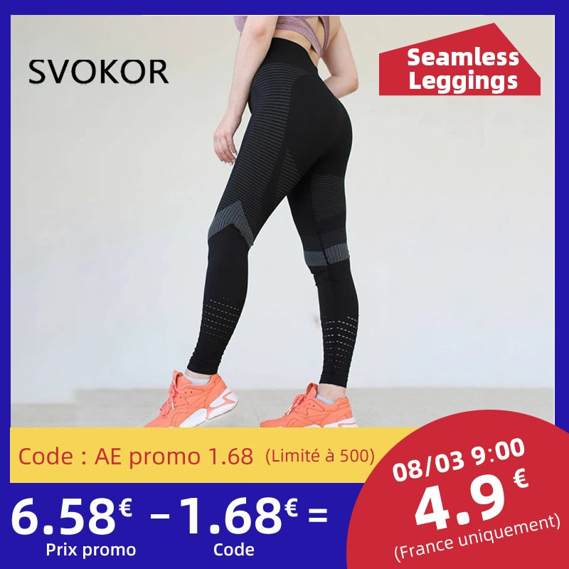 SVOKOR High Waist Fitness Leggings Women Sexy Seamless Leggings Hollow Printed Workout Pants Push Up Slim Elasticity