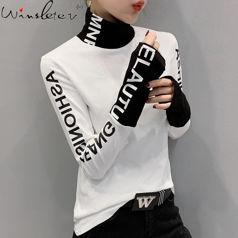 Fall Winter European Clothes Tshirt Chic Patchwork Letter Thick Broshed Long Sleeve Brushed Cotton Tops New 2021 Tees T00514A