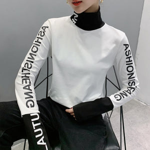 Fall Winter European Clothes Tshirt Chic Patchwork Letter Thick Broshed Long Sleeve Brushed Cotton Tops New 2021 Tees T00514A