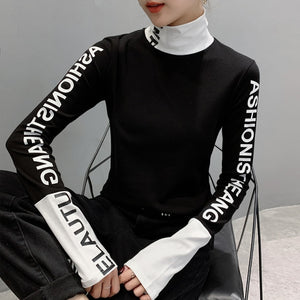 Fall Winter European Clothes Tshirt Chic Patchwork Letter Thick Broshed Long Sleeve Brushed Cotton Tops New 2021 Tees T00514A