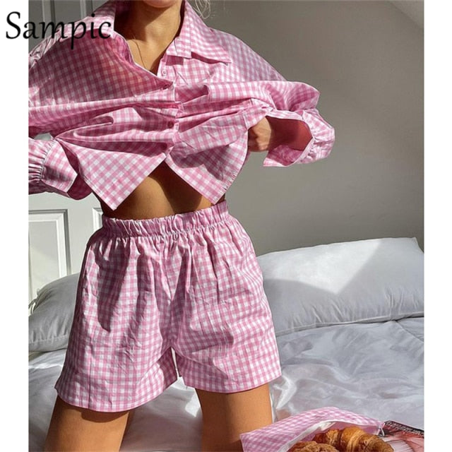 Sampic Loung Wear Tracksuit Women Shorts Set Stripe Long Sleeve Shirt Tops And Loose High Waisted Mini Shorts Two Piece Set 2021