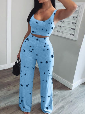 Women Star Print Crop Short Tank Top & Long Pants Set Two Piece Set Women Star Print O-neck Crop Tank Top & Long Pants Set