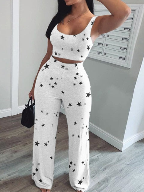 Women Star Print Crop Short Tank Top & Long Pants Set Two Piece Set Women Star Print O-neck Crop Tank Top & Long Pants Set