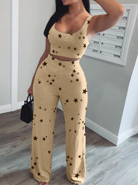 Women Star Print Crop Short Tank Top & Long Pants Set Two Piece Set Women Star Print O-neck Crop Tank Top & Long Pants Set