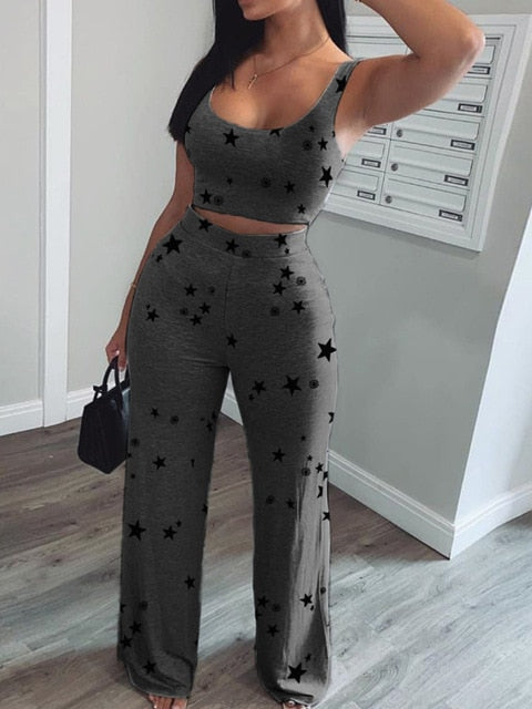 Women Star Print Crop Short Tank Top & Long Pants Set Two Piece Set Women Star Print O-neck Crop Tank Top & Long Pants Set