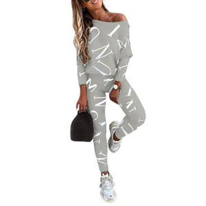 2021 Spring Autumn Casual Outfit Letters Print Long Sleeve Top Spring Women Blouse Pants Tracksuit for Sports 2 pieces sets