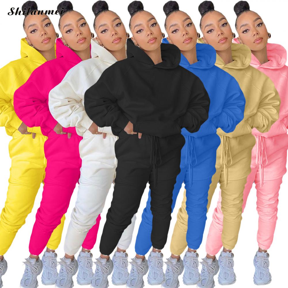 Solid Spring 2021 Two Piece Sets Pocket Hoodie Sweatshirt + Pants Sweat Suits Casual Sporty 2 PCS Outfits Tracksuits Female XXL