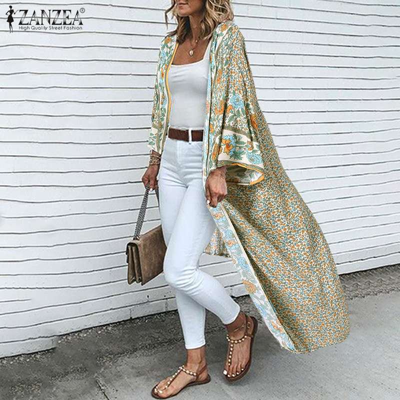 Bohemian Floral Printed Shirt Kimono ZANZEA Summer Beach Cardigan Women Open Front Long Sleeve Casual Blouse Vintage Long Tops