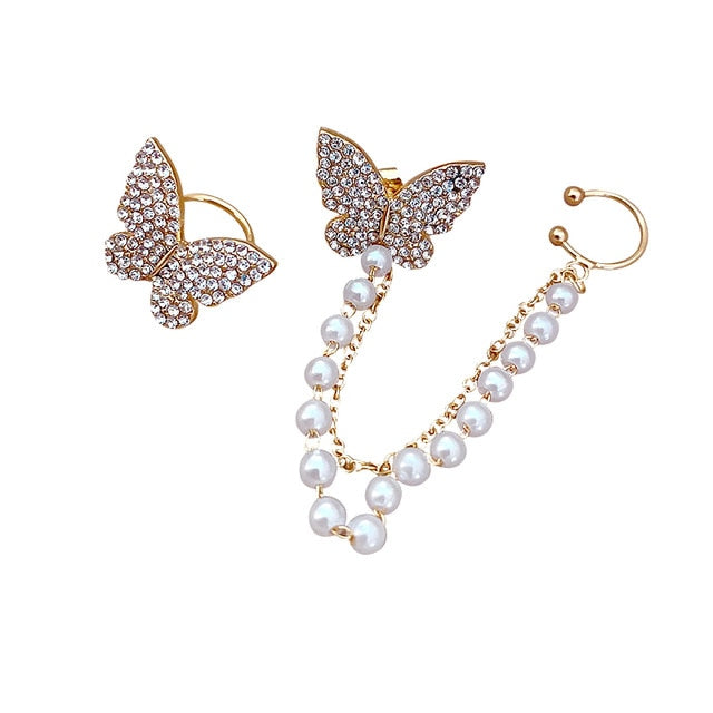 Korean Retro Asymmetric Butterfly Imitation Pearl Earrings Fashion Round Flower Brincos Long Statement Wings Earrings Jewelry