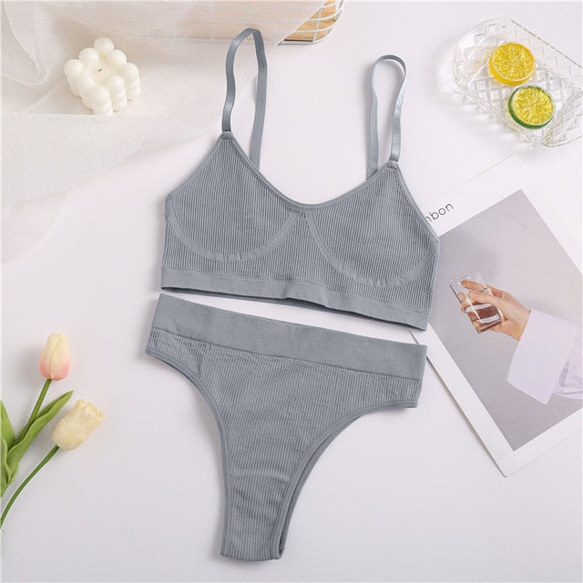 FINETOO Seamless Women Top Panties Set Cotton Tops Low Waist G-String Underwear Set Soft Active Wear Lingerie Fitness Crop Top