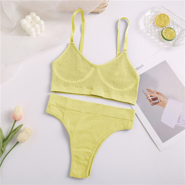 FINETOO Seamless Women Top Panties Set Cotton Tops Low Waist G-String Underwear Set Soft Active Wear Lingerie Fitness Crop Top