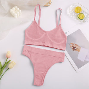 FINETOO Seamless Women Top Panties Set Cotton Tops Low Waist G-String Underwear Set Soft Active Wear Lingerie Fitness Crop Top