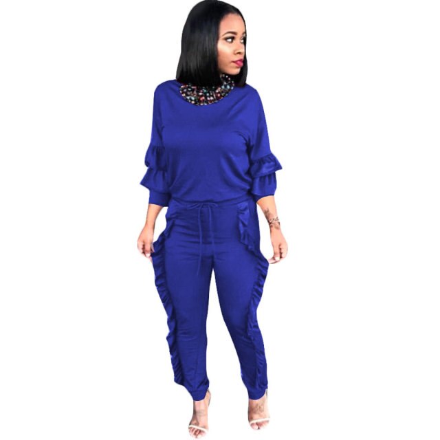 Female TWO PIECE SET Ruffles Lantern Sleeve Jogger Pants Track Suit Twinset Winter Outfits Women Clothing Runway Ensemble Femme