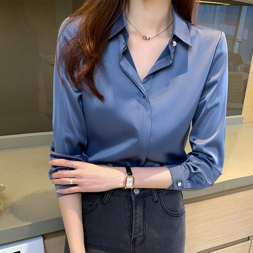 Silk Shirts Women Long Sleeve Shirts Blouses for Women Satin Clothing Shirt Office Lady Solid Silk Shirt Blouse Tops Plus Size