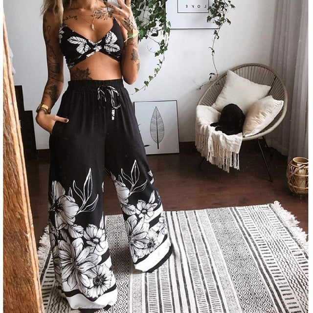 2 Pecs Suit Summer Tracksuit Sets Womens Outfits Boho Beach Style Print Underwear Loose Wide Leg Pants Ropa Mujer Подходить New