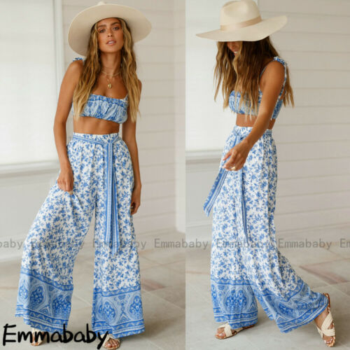 2 Pecs Suit Summer Tracksuit Sets Womens Outfits Boho Beach Style Print Underwear Loose Wide Leg Pants Ropa Mujer Подходить New