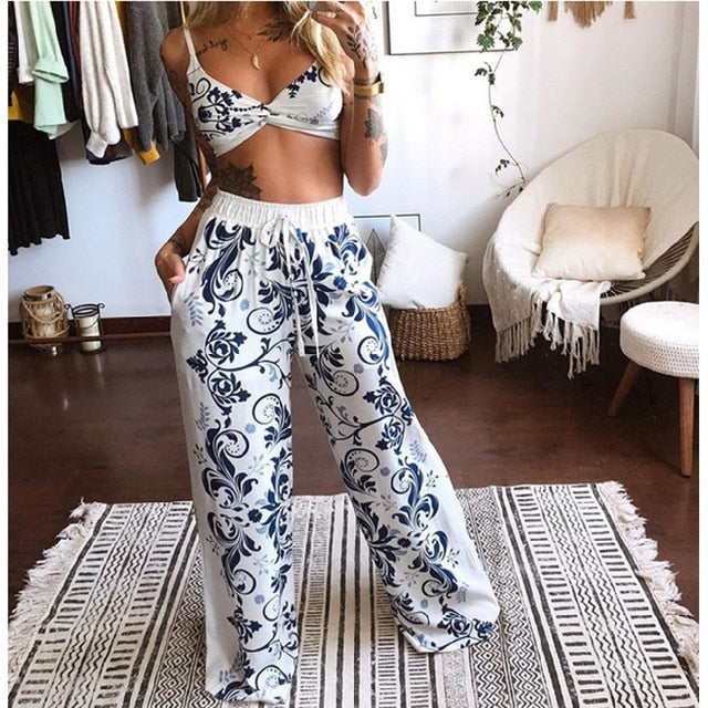 2 Pecs Suit Summer Tracksuit Sets Womens Outfits Boho Beach Style Print Underwear Loose Wide Leg Pants Ropa Mujer Подходить New