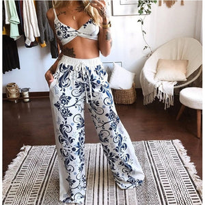 2 Pecs Suit Summer Tracksuit Sets Womens Outfits Boho Beach Style Print Underwear Loose Wide Leg Pants Ropa Mujer Подходить New