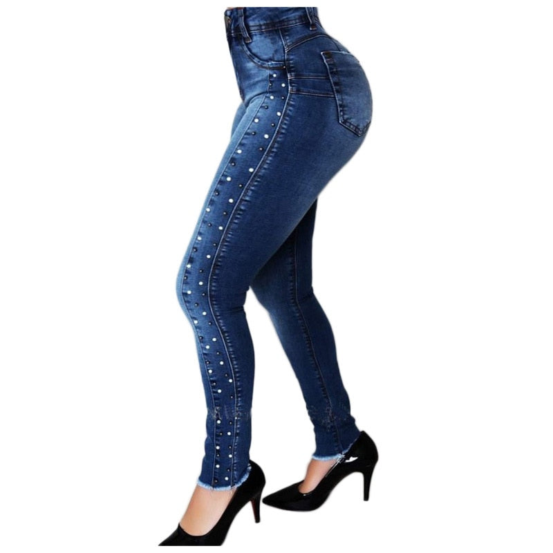 2021 New Women Dark Blue High Waist Beaded Jeans High Stretch Denim Pencil Pants Street Fashion Casual Push Up Hip Jeans S-2XL