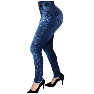 2021 New Women Dark Blue High Waist Beaded Jeans High Stretch Denim Pencil Pants Street Fashion Casual Push Up Hip Jeans S-2XL