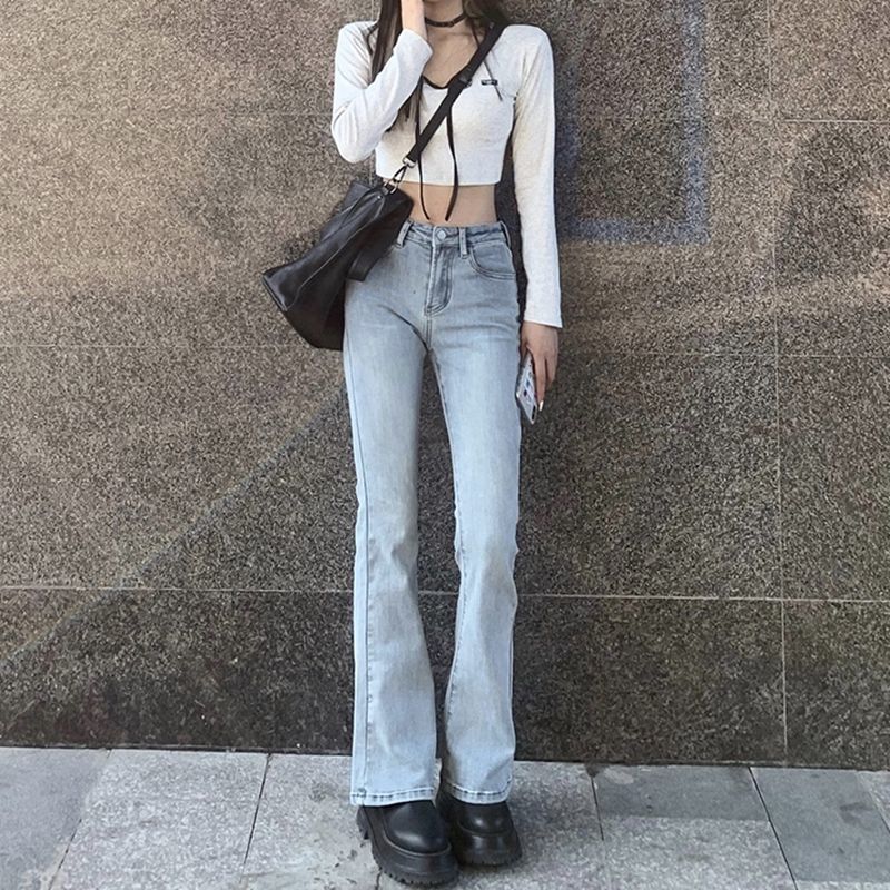 Women's Vintage High Waist Trumpet Full Length Jeans Female Lady Streetwear Elastic Slim Denim Flare Boot Cut Pants For Women