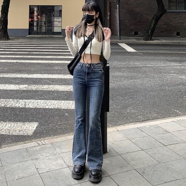 Women's Vintage High Waist Trumpet Full Length Jeans Female Lady Streetwear Elastic Slim Denim Flare Boot Cut Pants For Women