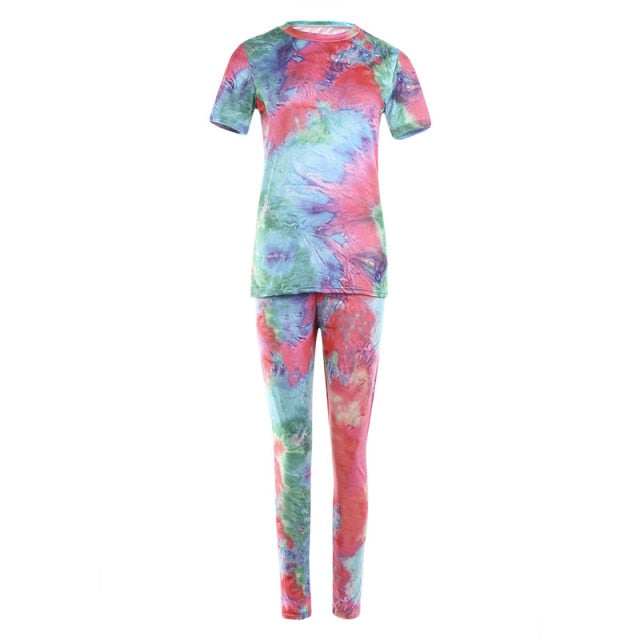 Women Tie Dye Sports Clothing Sets Lady Pullover Short Sleeve O Neck T Shirt Top + High Waist Knee Length Shorts