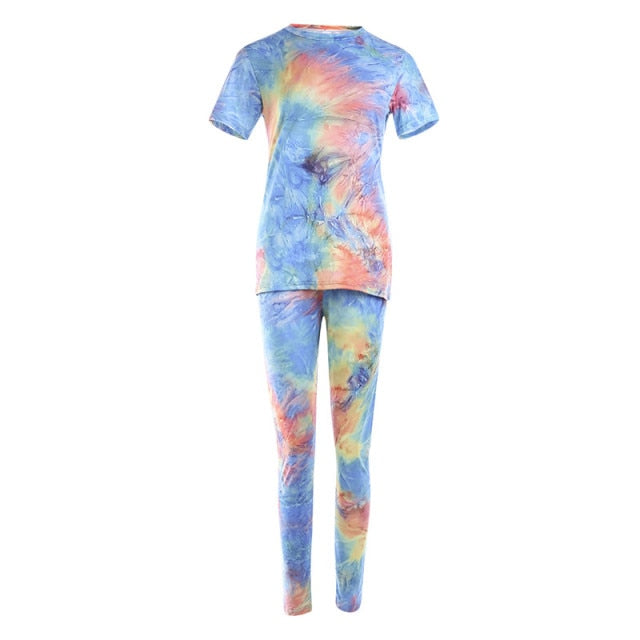 Women Tie Dye Sports Clothing Sets Lady Pullover Short Sleeve O Neck T Shirt Top + High Waist Knee Length Shorts