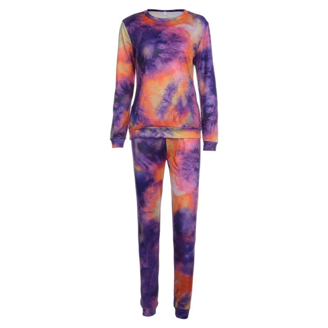 Women Tie Dye Sports Clothing Sets Lady Pullover Short Sleeve O Neck T Shirt Top + High Waist Knee Length Shorts