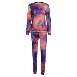 Women Tie Dye Sports Clothing Sets Lady Pullover Short Sleeve O Neck T Shirt Top + High Waist Knee Length Shorts